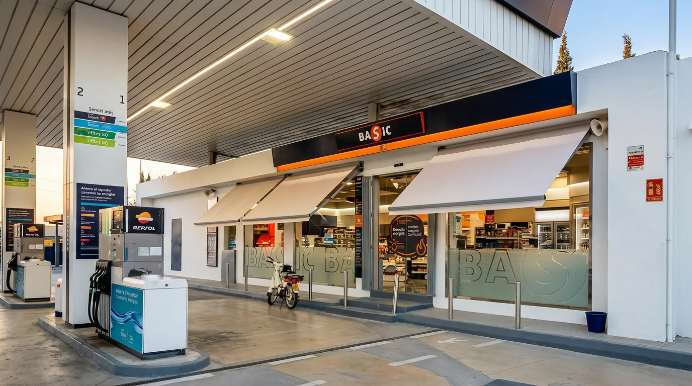 Toldos instalados en una estación de servicio