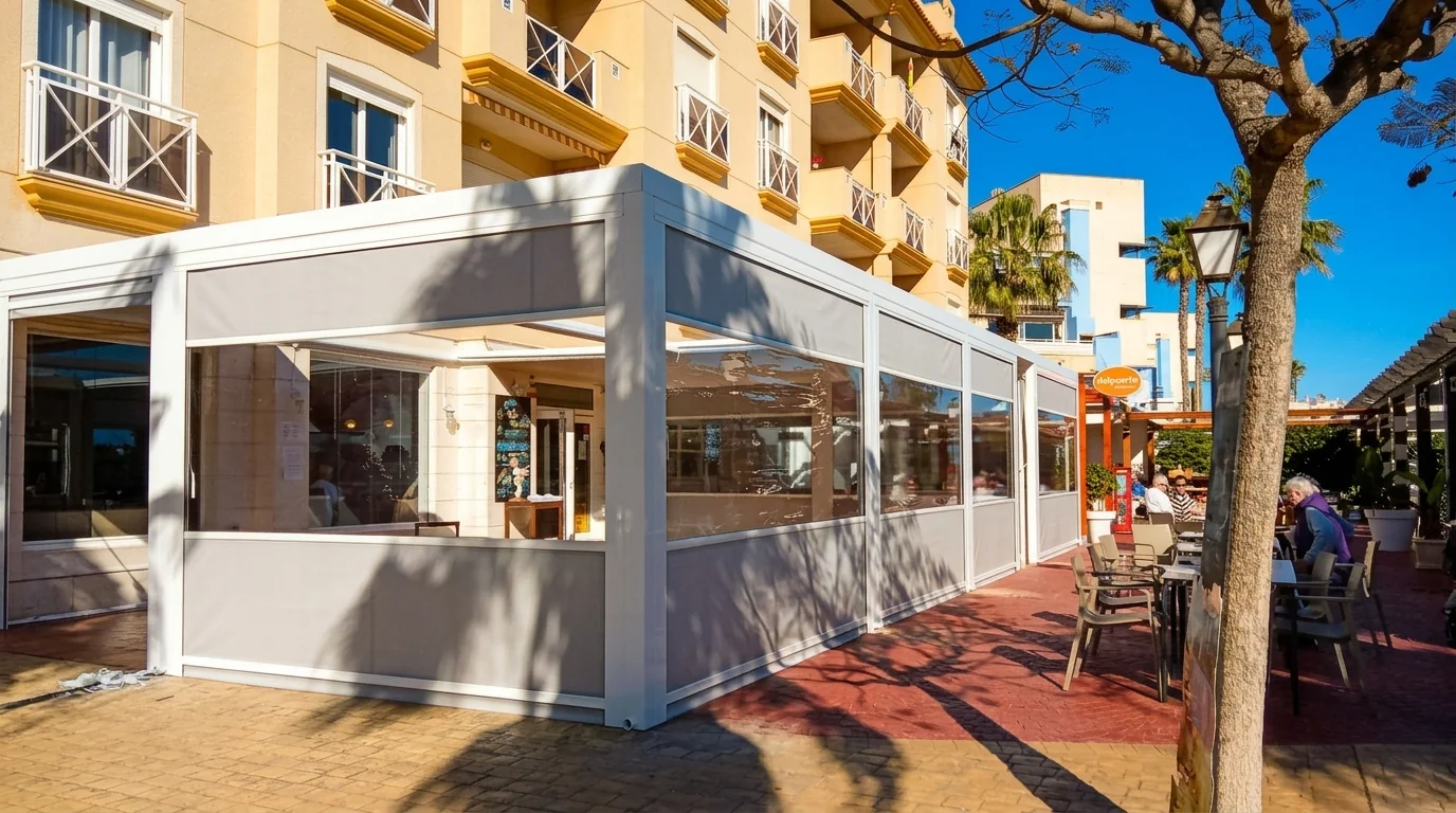 Telones verticales instalados en la terraza de un restaurante