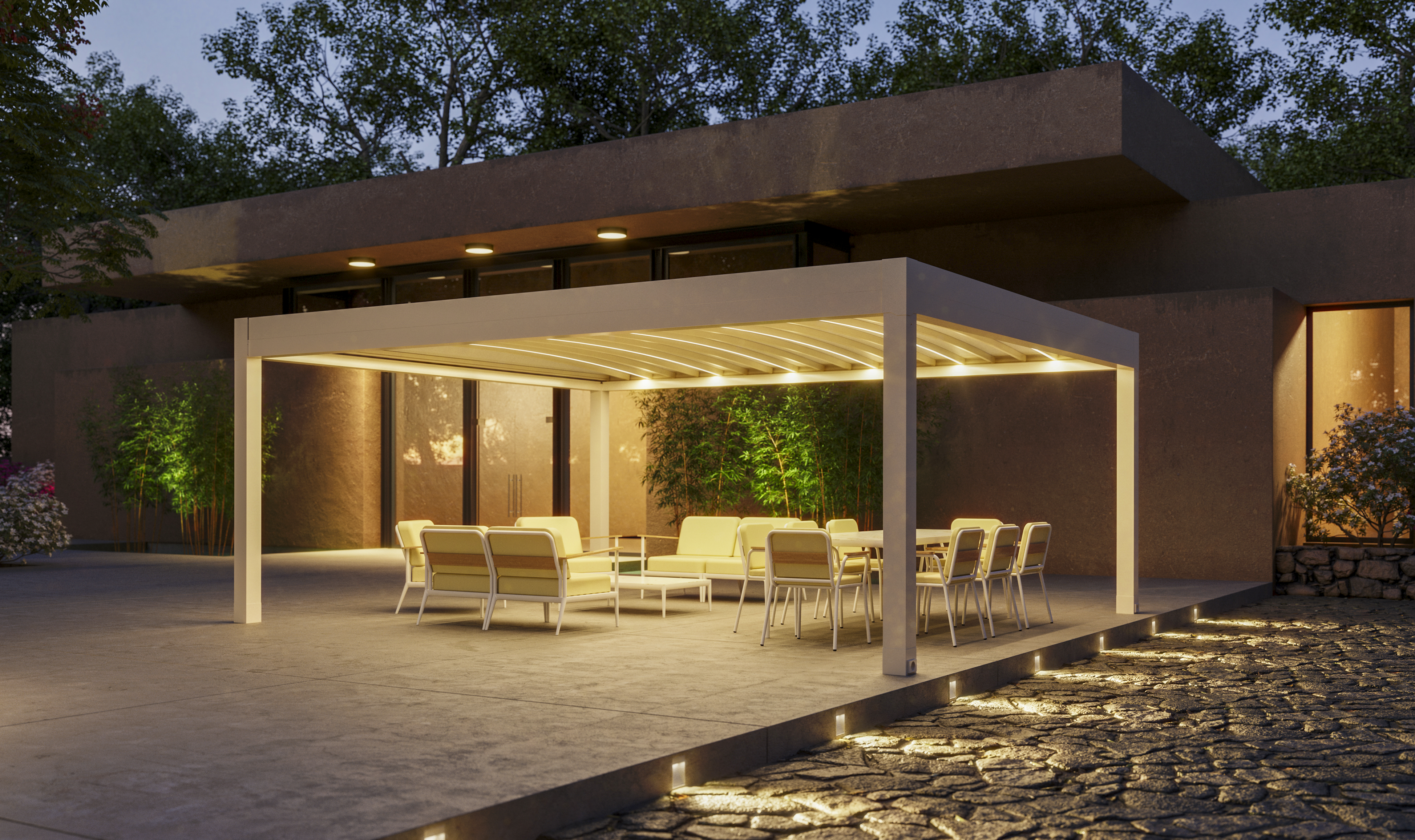 Pergo Cloud de noche - Toldos para lluvia para seguir usando la terraza con más continuidad. en Alicante | Toldos Corona